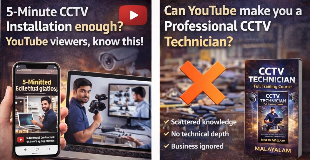Comparison image showing YouTube CCTV learning limitations and a professional CCTV Technician Full Training Course eBook in Malayalam.