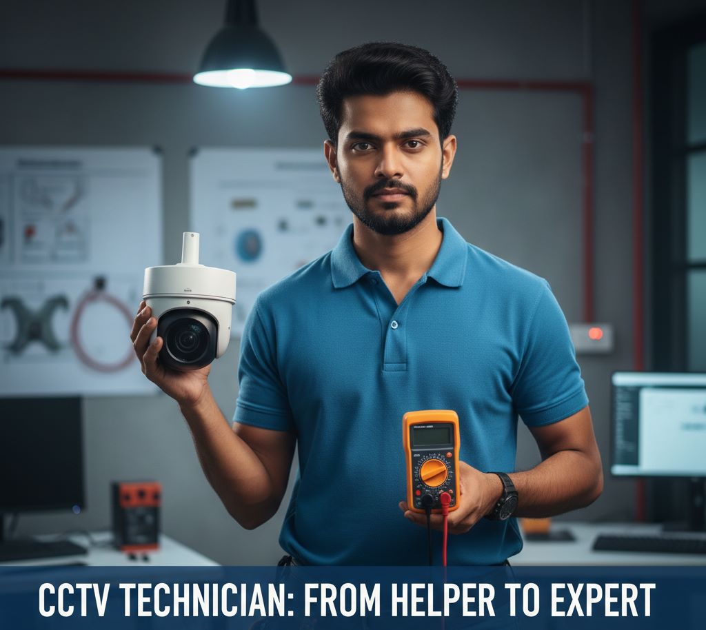 Professional CCTV technician holding camera and multimeter - Career guide from helper to expert in Malayalam